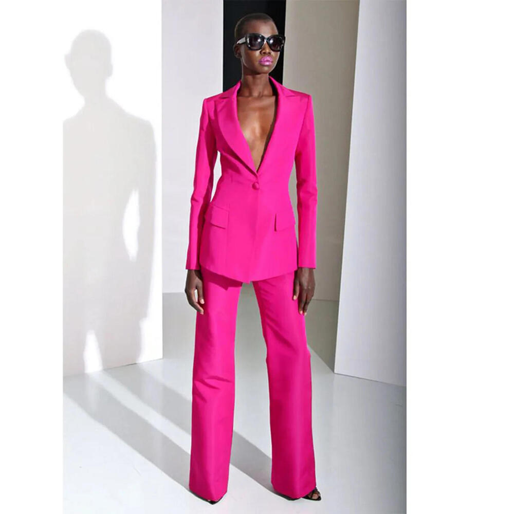 Fuchsia Hot Pink 2 Piece Set Deep V Neck Long Sleeve Blazer Pencil Pants NWT